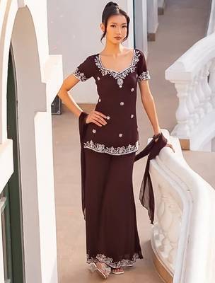 Brown georgette heavy thread embroidery work kurta palazzo set 2