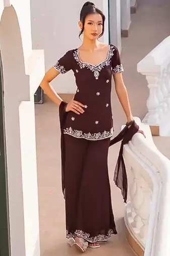 Brown georgette heavy thread embroidery work kurta palazzo set