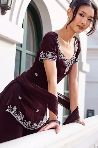 Brown georgette heavy thread embroidery work kurta palazzo set
