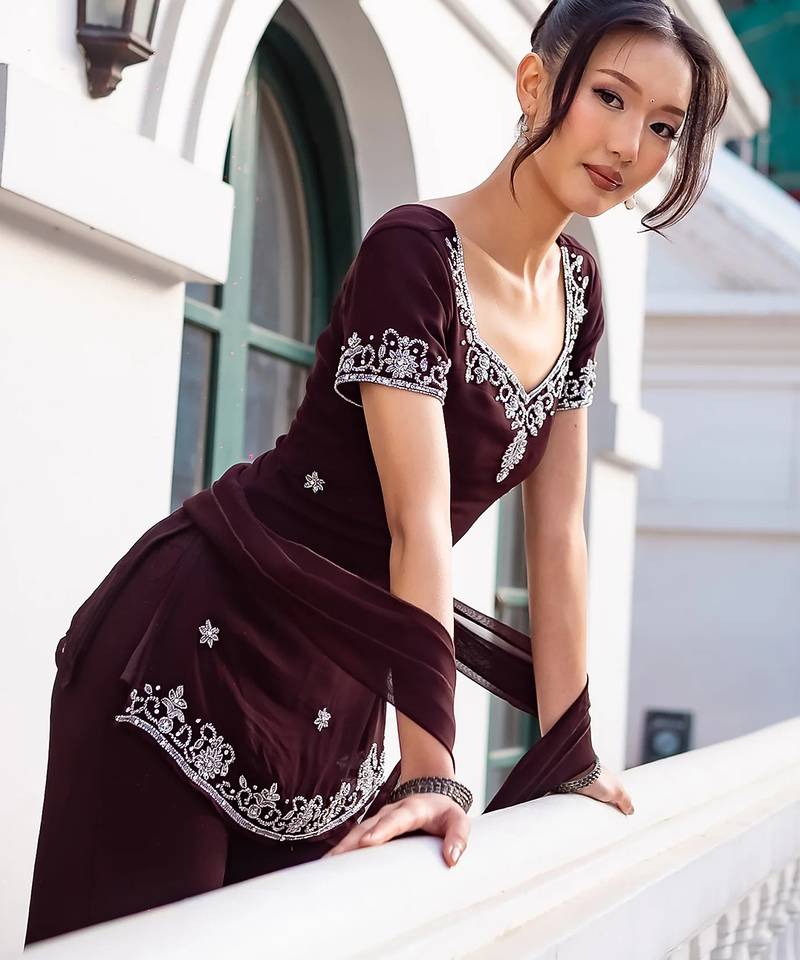 Brown georgette heavy thread embroidery work kurta palazzo set
