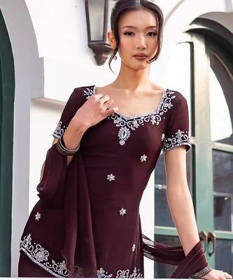 Brown georgette heavy thread embroidery work kurta palazzo set 4