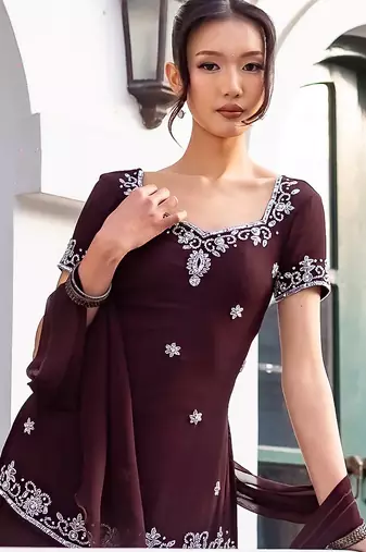 Brown georgette heavy thread embroidery work kurta palazzo set
