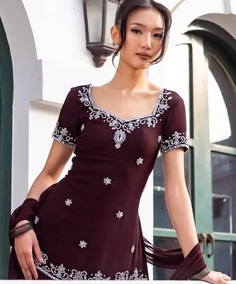 Brown georgette heavy thread embroidery work kurta palazzo set 5