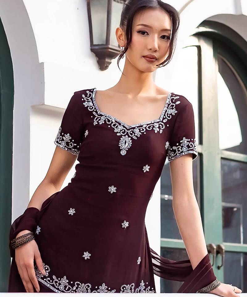 Brown georgette heavy thread embroidery work kurta palazzo set