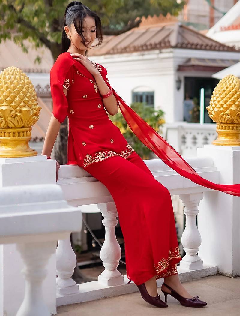 Red georgette heavy thread embroidery work kurta palazzo set