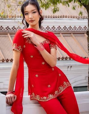 Red georgette heavy thread embroidery work kurta palazzo set 2