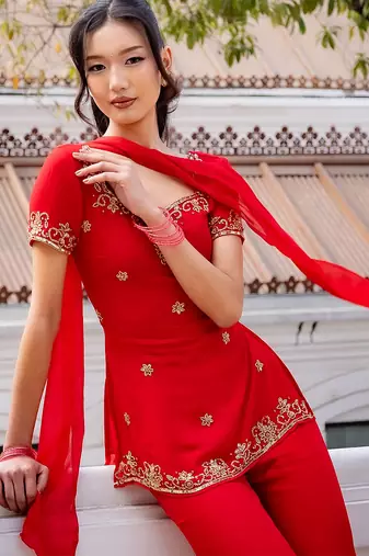 Red georgette heavy thread embroidery work kurta palazzo set