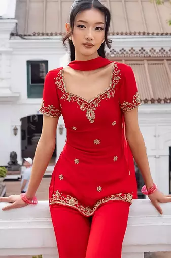 Red georgette heavy thread embroidery work kurta palazzo set