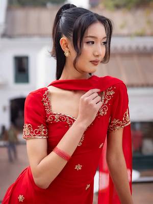 Red georgette heavy thread embroidery work kurta palazzo set 4