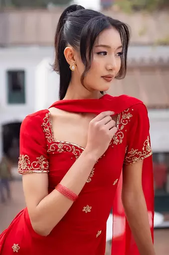 Red georgette heavy thread embroidery work kurta palazzo set