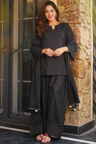 Black cotton plain kurta gharara set