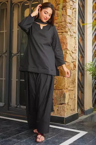 Black cotton plain kurta gharara set