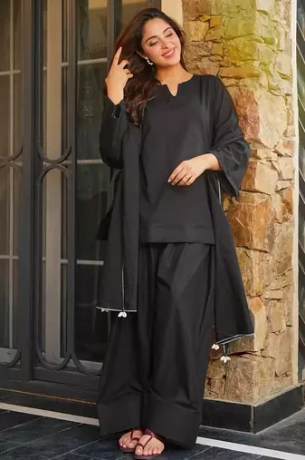 Black cotton plain kurta gharara set