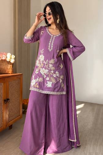 Lavender chinon heavy thread embroidery work kurta palazzo set