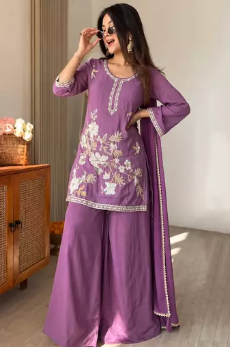 Lavender chinon heavy thread embroidery work kurta palazzo set
