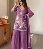 Lavender chinon heavy thread embroidery work kurta palazzo set