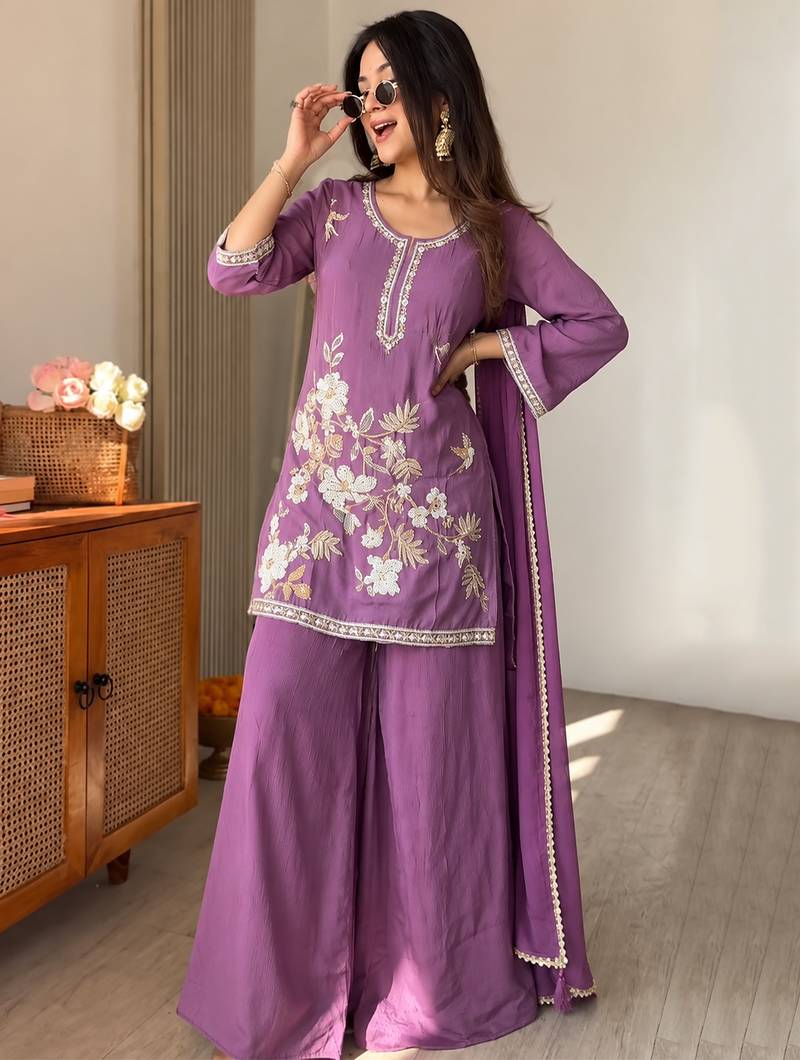 Lavender chinon heavy thread embroidery work kurta palazzo set