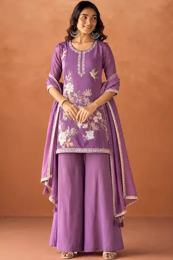 Lavender chinon heavy thread embroidery work kurta palazzo set