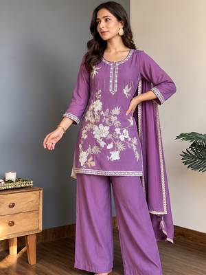 Lavender chinon heavy thread embroidery work kurta palazzo set 3