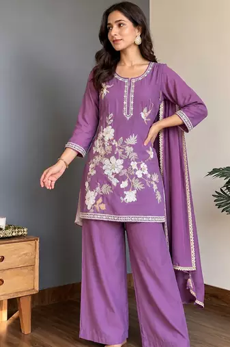 Lavender chinon heavy thread embroidery work kurta palazzo set