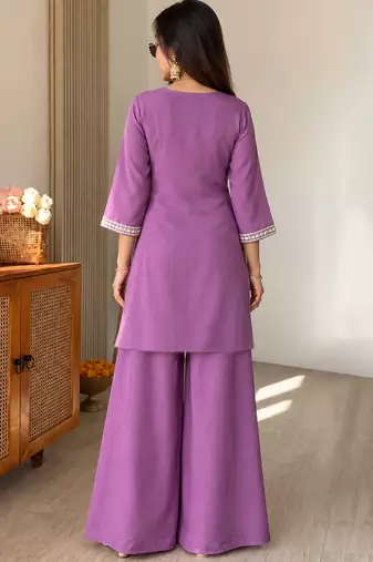 Lavender chinon heavy thread embroidery work kurta palazzo set