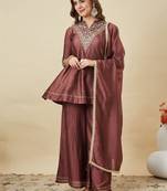 Brown vichitra silk heavy thread embroidery work kurta palazzo set