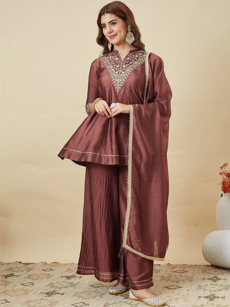 Brown vichitra silk heavy thread embroidery work kurta palazzo set