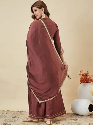 Brown vichitra silk heavy thread embroidery work kurta palazzo set 3