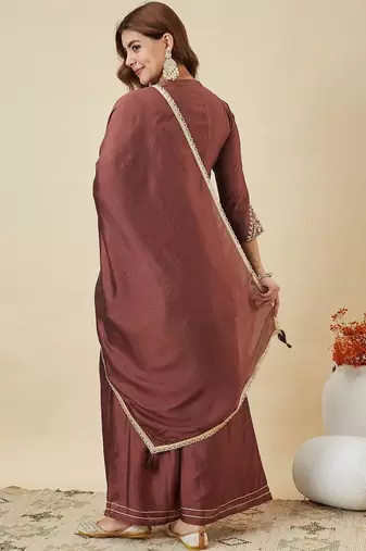 Brown vichitra silk heavy thread embroidery work kurta palazzo set