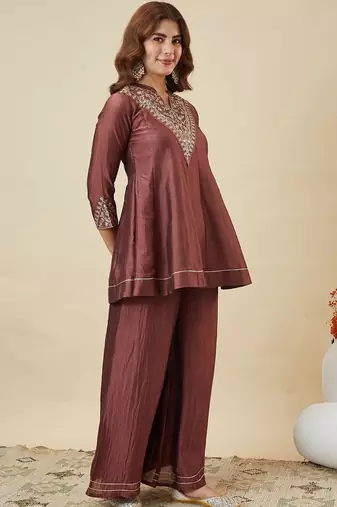 Brown vichitra silk heavy thread embroidery work kurta palazzo set