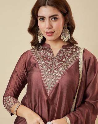 Brown vichitra silk heavy thread embroidery work kurta palazzo set 5