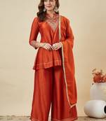 Orange vichitra silk heavy thread embroidery work kurta palazzo set