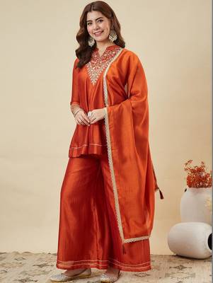 Orange vichitra silk heavy thread embroidery work kurta palazzo set 2