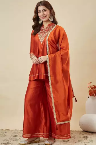 Orange vichitra silk heavy thread embroidery work kurta palazzo set