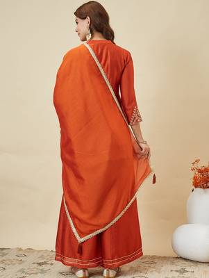 Orange vichitra silk heavy thread embroidery work kurta palazzo set 3