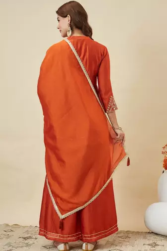 Orange vichitra silk heavy thread embroidery work kurta palazzo set