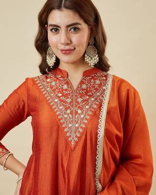 Orange vichitra silk heavy thread embroidery work kurta palazzo set 5