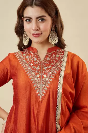 Orange vichitra silk heavy thread embroidery work kurta palazzo set