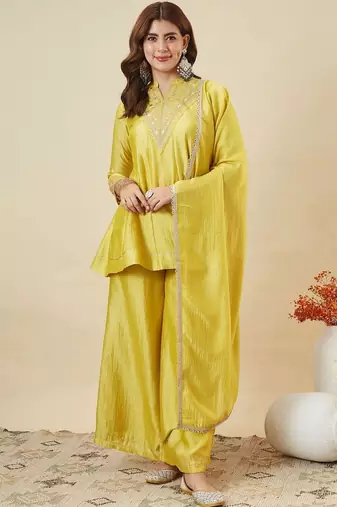 Yellow vichitra silk heavy thread embroidery work kurta palazzo set