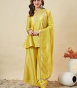 Yellow vichitra silk heavy thread embroidery work kurta palazzo set
