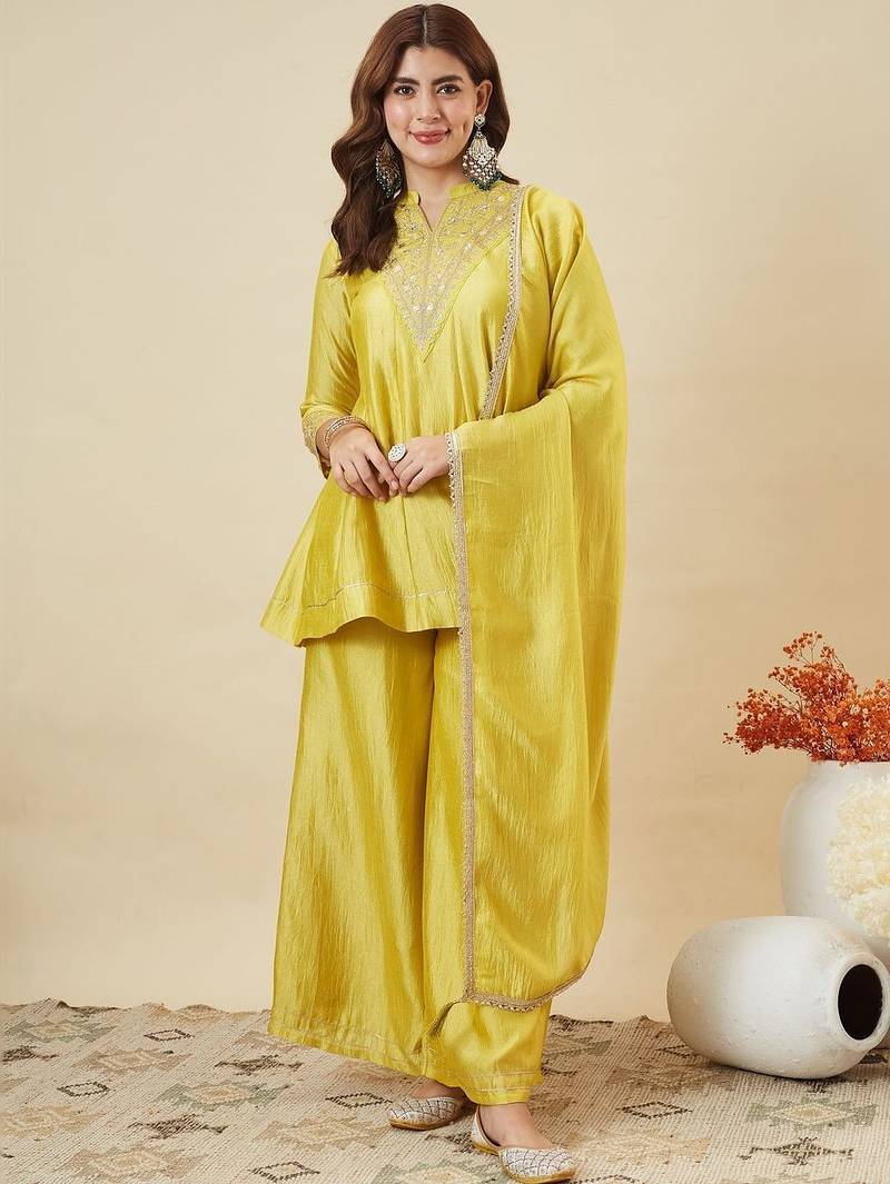 Yellow vichitra silk heavy thread embroidery work kurta palazzo set