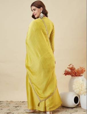 Yellow vichitra silk heavy thread embroidery work kurta palazzo set 3