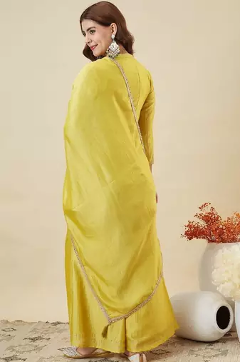 Yellow vichitra silk heavy thread embroidery work kurta palazzo set