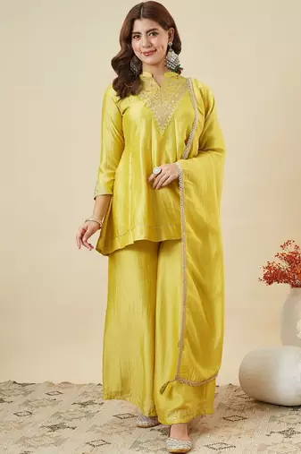 Yellow vichitra silk heavy thread embroidery work kurta palazzo set