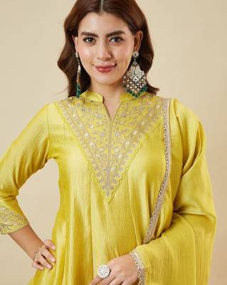 Yellow vichitra silk heavy thread embroidery work kurta palazzo set 5