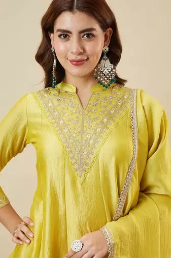 Yellow vichitra silk heavy thread embroidery work kurta palazzo set