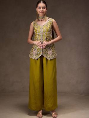 Olive chinon heavy thread embroidery work kurta palazzo set 1
