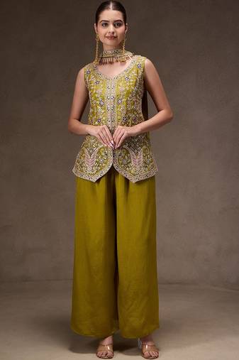 Olive chinon heavy thread embroidery work kurta palazzo set