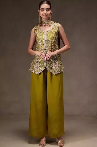 Olive chinon heavy thread embroidery work kurta palazzo set