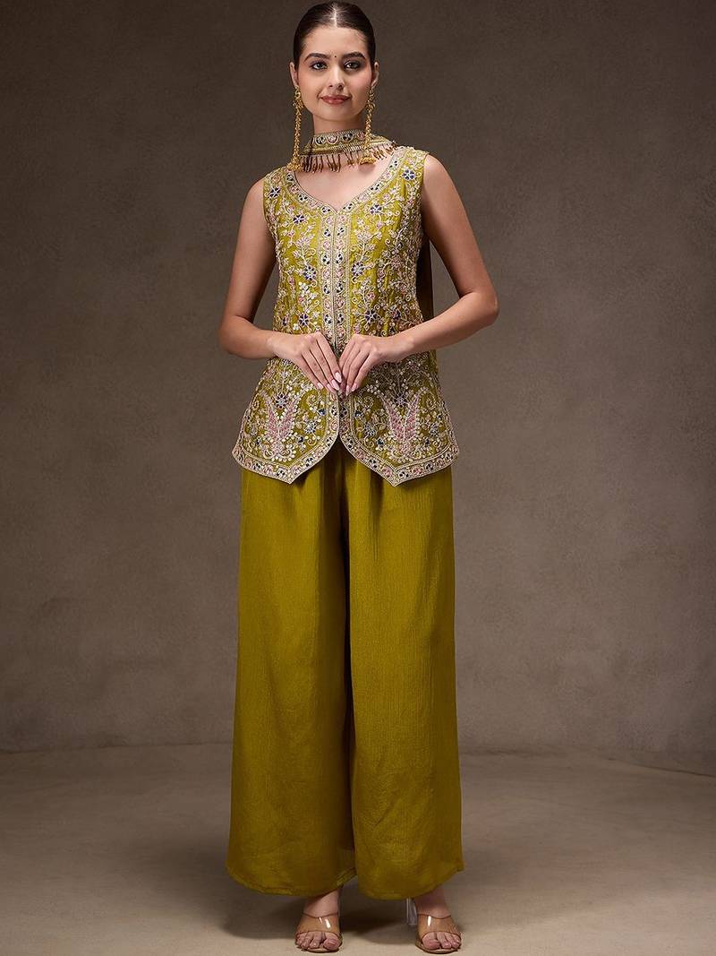 Olive chinon heavy thread embroidery work kurta palazzo set